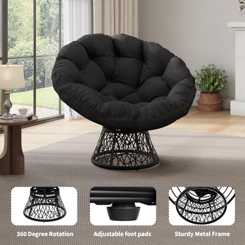 Garvee 40-Inch Black Ergonomic Wicker Papasan Chair with Thick Cushion