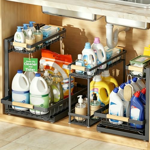Sevenblue 3-Pack Under Sink Organizer - Adjustable 2-Tier Pull-Out Metal Storage Shelves for Kitchen & Bathroom Cabinets