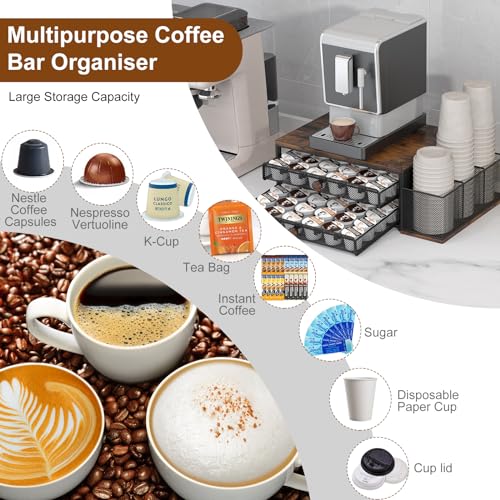 Coffee Pod Organizer Drawer with 60 Capsule Capacity, Adjustable Dividers & Cup Holder