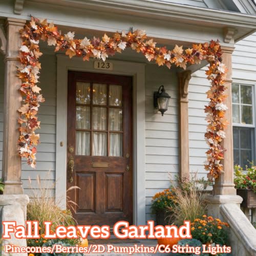 Dolunvo 2-Pack 10Ft Battery Operated Fall Garland with Lights, Pumpkin & Maple Leaves