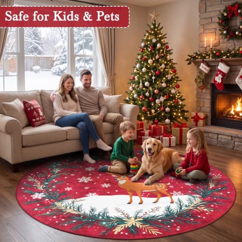 Famibay 6ft Round Christmas Rug with Reindeer & Holiday Design - Washable & Non-Slip Red Living Room & Bedroom Decor