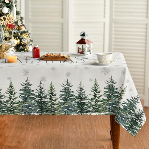 Horaldaily 60 x 104 Inch Christmas Tablecloth - Rectangular White Snow Trees