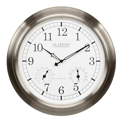 17.9-Inch Indoor/Outdoor Atomic Wall Clock with Stainless Steel Frame & Weather-Resistant Design - Classic Analog Time & Temperature Gauge - Variation: Round Clocks / 18 Inch / Stainless Steel