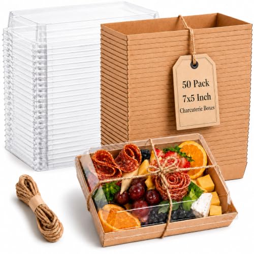 50 Pack Charcuterie Board Boxes with Clear Lids - Brown, 7x5in