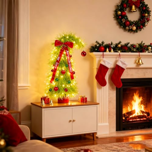 Nexstron Velvet Bow Mini Christmas Tree 20 Inch with Lights & Ornaments – Grinch-Inspired Holiday Decor