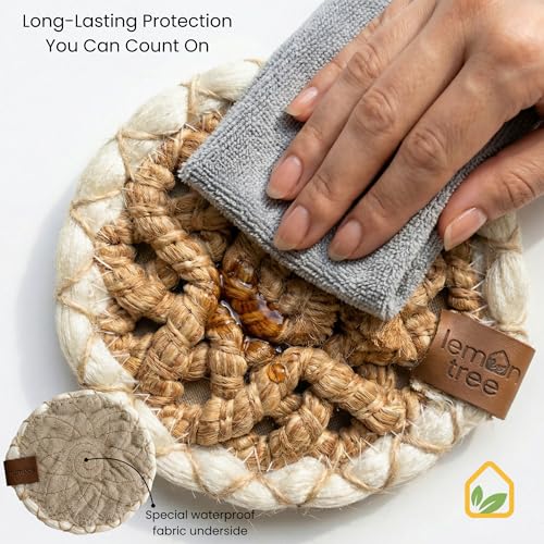 LEMON TREE White & Natural Braided Placemats & Coasters Set 6 - 5.12 Inch, Waterproof Table Mats