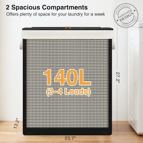 2-Section Laundry Hamper with Lid - 140L Steel Frame Removable Washable Liners