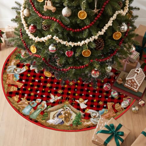 AVOIN Colorlife Buffalo Plaid Christmas Tree Skirt 48 Inch Red & Black
