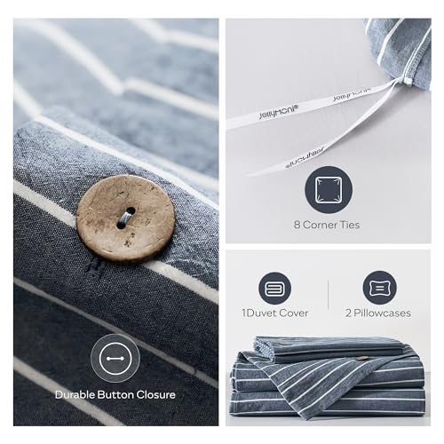 JELLYMONI Queen Duvet Cover Set 100% Washed Cotton Blue Pinstripe Linen Look