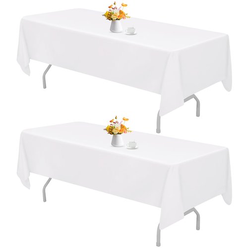 HAISIWLKJ 2 Pack 60 x 102 Inch White Rectangle Tablecloth for 6 Foot Table Washable Reusable Outdoor Polyester Fabric Decorative TableCover for Dining Table, Buffet, Camping, Baby Shower, Party