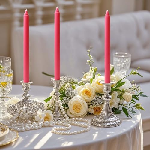 Kemladio 10in Rose Red Vertical Stripe Taper Candles, 4-Pack for Dinner Parties & Weddings