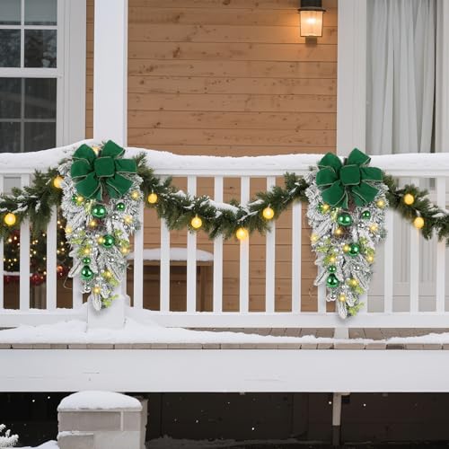 UUXX 2 Pack Prelit Green Christmas Swags with Green Bows and Ornaments, 23.6" Holiday Door Decor