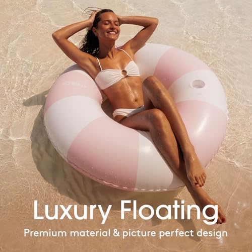 Pink 46-Inch Vintage Stripe Pool Tube Float with Cup Holder - Adult Size
