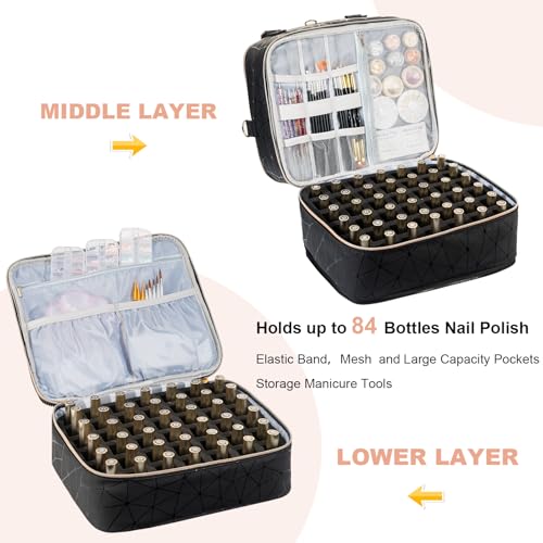 Large Capacity Nail Polish Organizer Bag Holds 84 Bottles with Handle - Black, XL 11x9.5x13 in