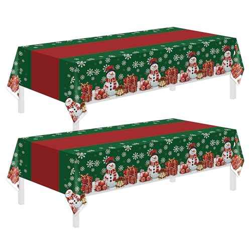 Childom 2 Pack Christmas Tablecloth,Disposable Plastic Tablecloth 54" x 108" Christmas Decorations Xmas Party Supply,Snowman Green Table Cloth,Plastic Table Cover for Indoor,Outside,Home,Dinner,Party