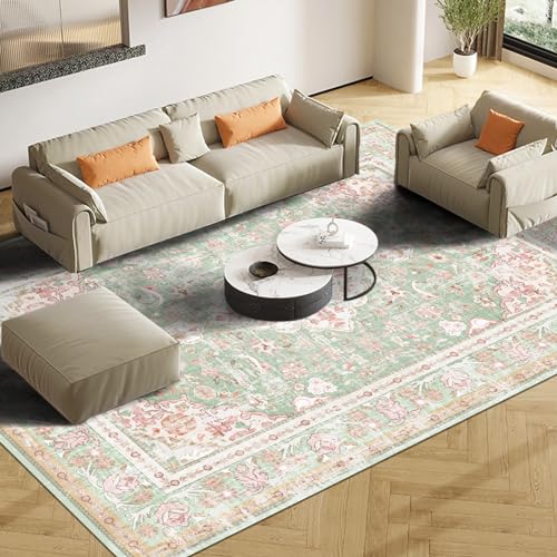 Vhong Washable Area Rug 5x7 Green and Pink Boho Vintage Modern Large Carpet for Living Room and Dining Room - Non Slip