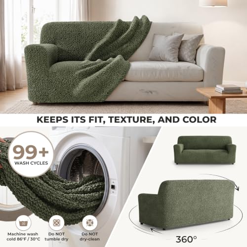 Premium Stretch Sofa Cover for 64-85 Inch Loveseats - Moss Green - Washable & Non-Slip