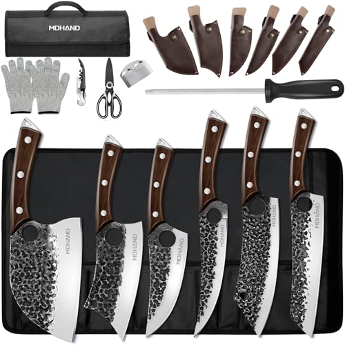 MDHAND Butcher Knife Set with Roll Bag - Black - 18-in-1 Professional Meat Preparation Kit