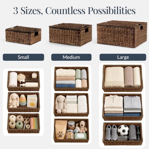Set of 3 Large Hyacinth Storage Baskets Brown - Multi-Purpose Organizer Totes with Handles & Removable Lid