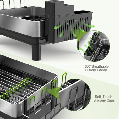Medium 1-Tier Black Stainless Steel Dish Drying Rack - Rustproof, Adjustable Drainage