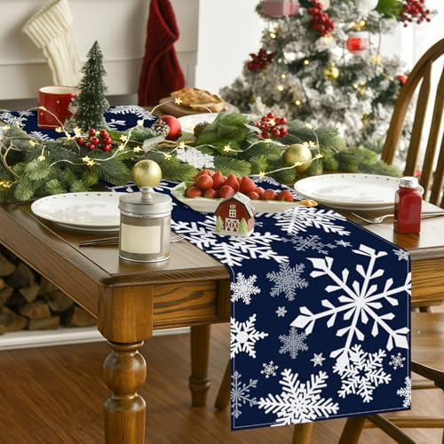 72 x 13 Inch Christmas Table Runner, Navy Blue with White Snowflake