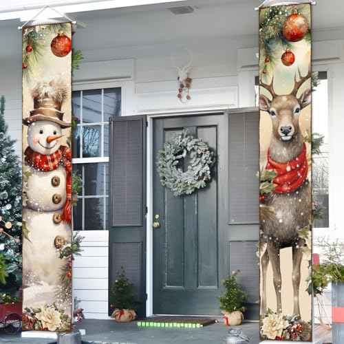 Christmas Porch Sign Banner Merry Christmas Snowman Deer Door Banner for Xmas Holiday Welcome Banner Winter Wall Stretching Portraits For Indoor Outdoor