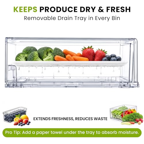 YKIOKE Transparent 6-Pack Fridge Organizer Bins with Drain Trays - Space-Saving, BPA-Free Stackable Food Storage