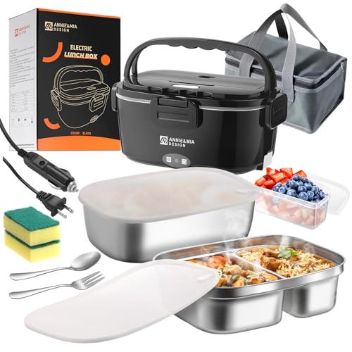 Black 1.5L Dual Container Electric Lunch Box for Car, Office & Travel