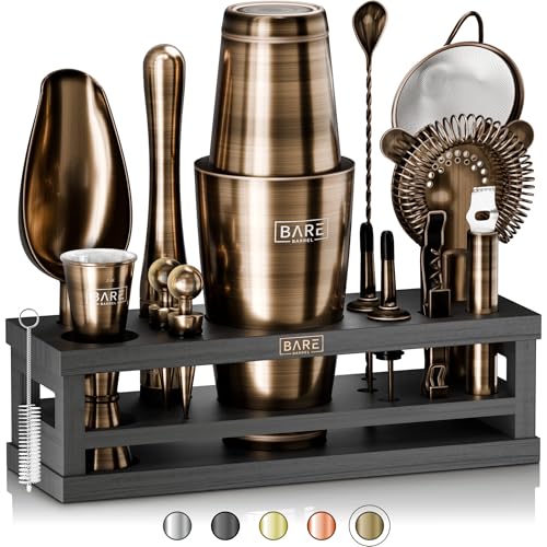 Bare Barrel Brass/Black 28oz Boston Cocktail Shaker Set | Mixology Bartender Kit with 35 Recipe Cards