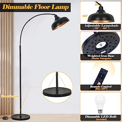 Brilvibera Black 70-Inch Dimmable Arch Floor Lamp with Remote & Adjustable Shade