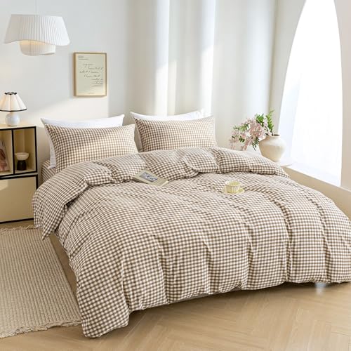 Mucalis Tan Gingham Duvet Cover King 100% Washed Cotton Beige Brown