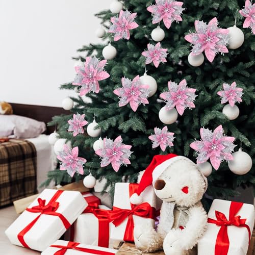 36 Pcs Artificial Poinsettia Christmas Decorations Peach Pink & Silver