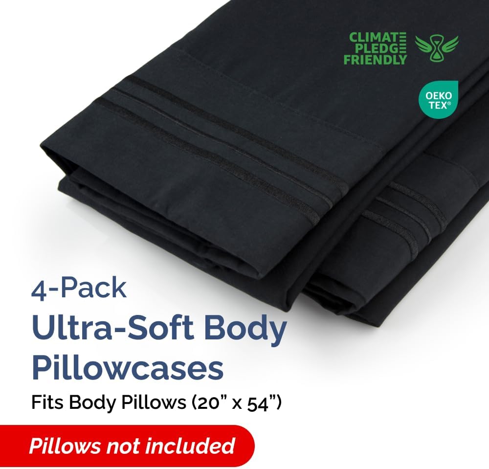 Skiennix Body Pillowcases Set of 4 | Soft 20x54 Long Pillow Covers for Side Sleepers - Cozy, Breathable, Machine Washable - Black