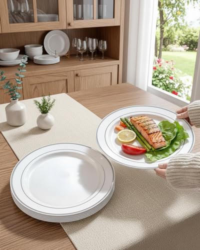 bUCLA 100 Pieces Silver Rim Plastic Dinner Plates 10.25in - Disposable Wedding & Party Plates