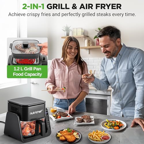 NutriChef 4QT Air Fryer & Grill Black - 7 Preset Cooking Modes, Double Deck Design