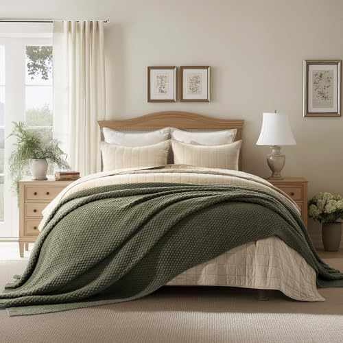 EverGrace Olive Green Chunky Chenille Knit Throw Blanket 90x90 Inches
