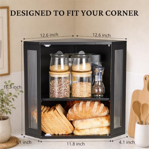 Corner Bread Box - Extra Large 2-Tier Bamboo Storage with Adjustable Shelf - Black