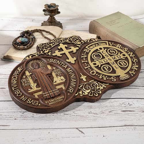 16 Inch Wooden Saint Benedict Wall Decor Medal Pendant Handmade Gold Finish