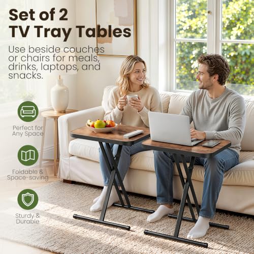 Rustic Brown Folding TV Tray Tables Set of 2 - No Assembly, Metal Rims