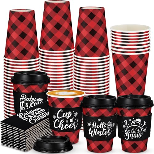 Layhit 24 Pack Christmas Buffalo Plaid 12oz Coffee Cups with Lids & Sleeves Black Red