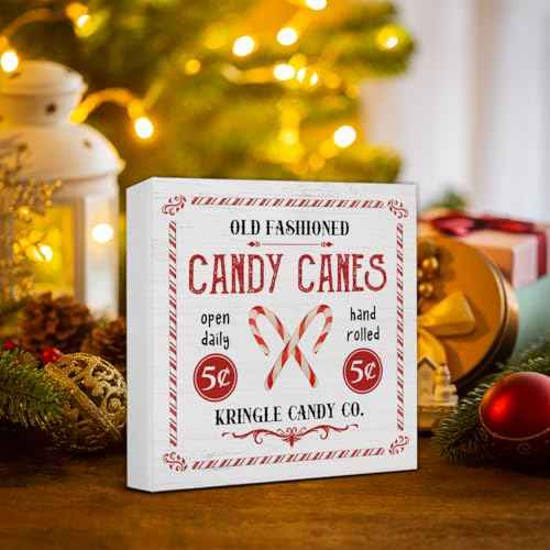 Farmhouse Christmas Decorations, Candy Canes Decor Sign, Christmas Wood Sign Winter Holiday Home Table Desk Decor (5 x 5 Inches)