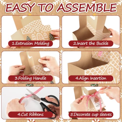 AmazingSpark Gingerbread House Christmas Drink Carriers - 24 Pack with Thank You Tags & Red Ribbon