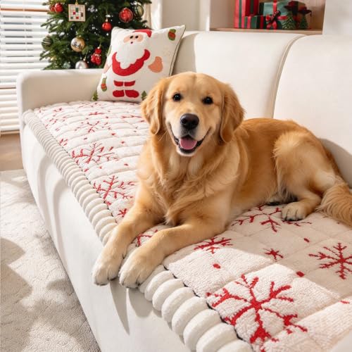 Christmas Plush Sofa Cover 28x94 for Large Sectional Sofa – 1PC, Beige/White, Non-Slip Dog Friendly