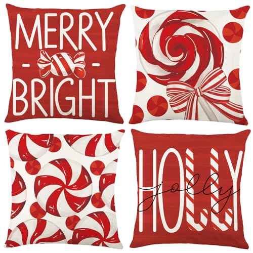 4pcs Christmas Pillow Covers Decoration,18x18in Red Candy Pillow Case Merry Bright Holly Throw Pillow Covers Cushion Cases for Winter Holiday Seasonal Farmhouse Couch Sofa Home Decor
