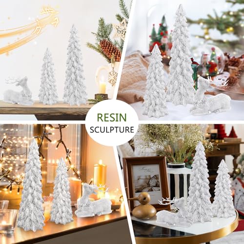 BINSUNS 3-Pack Christmas Tree & Reindeer Figurines Set in Silver - Resin Tabletop Decor