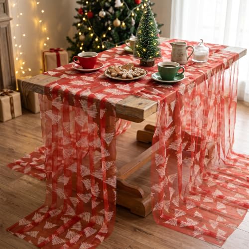 SoarDream Red Christmas Tree Table Runner 29x120 Inch Holiday Tulle Linen