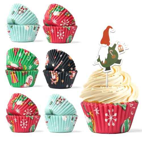 400 Pcs Christmas Cupcake Liners with 12 Pcs Cupcake Toppers, Mini Cupcake Liners, Mini Muffin Liners for Xmas Party, Baby Shower, Christmas Holiday, Birthday Party