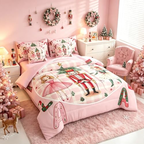 Pink Christmas Bed in a Bag Queen 7-Piece Comforter Set with Sheets – Nutcracker Theme