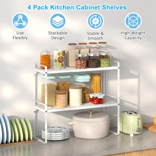 White Adjustable Kitchen Shelf Organizer Set of 4 - 15.5-25.5 Inch Expandable Counter Storage