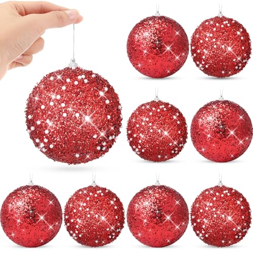 Libima 8-Pack 4 Inch Red Christmas Ball Ornaments Glitter Holiday Decor